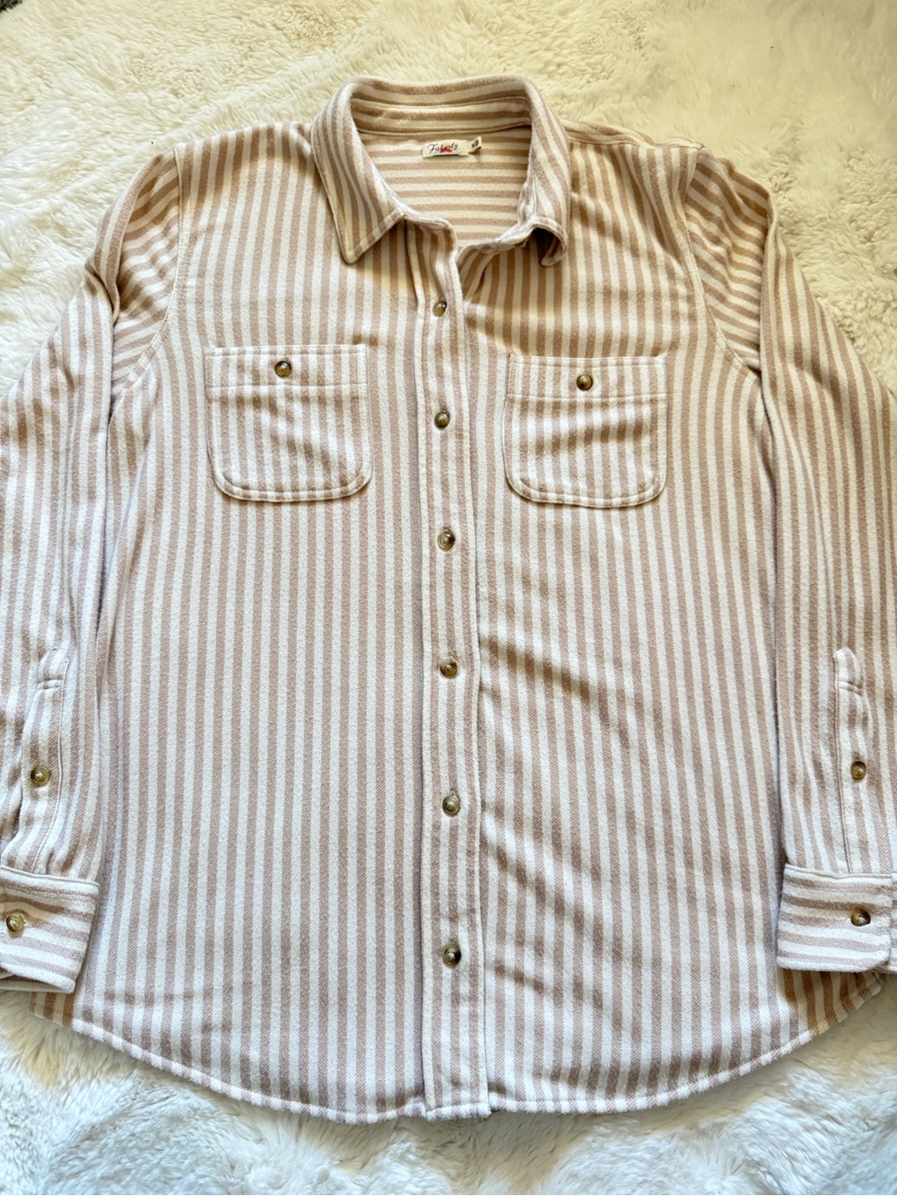 Faherty Beige and White Striped Button-Down sweater